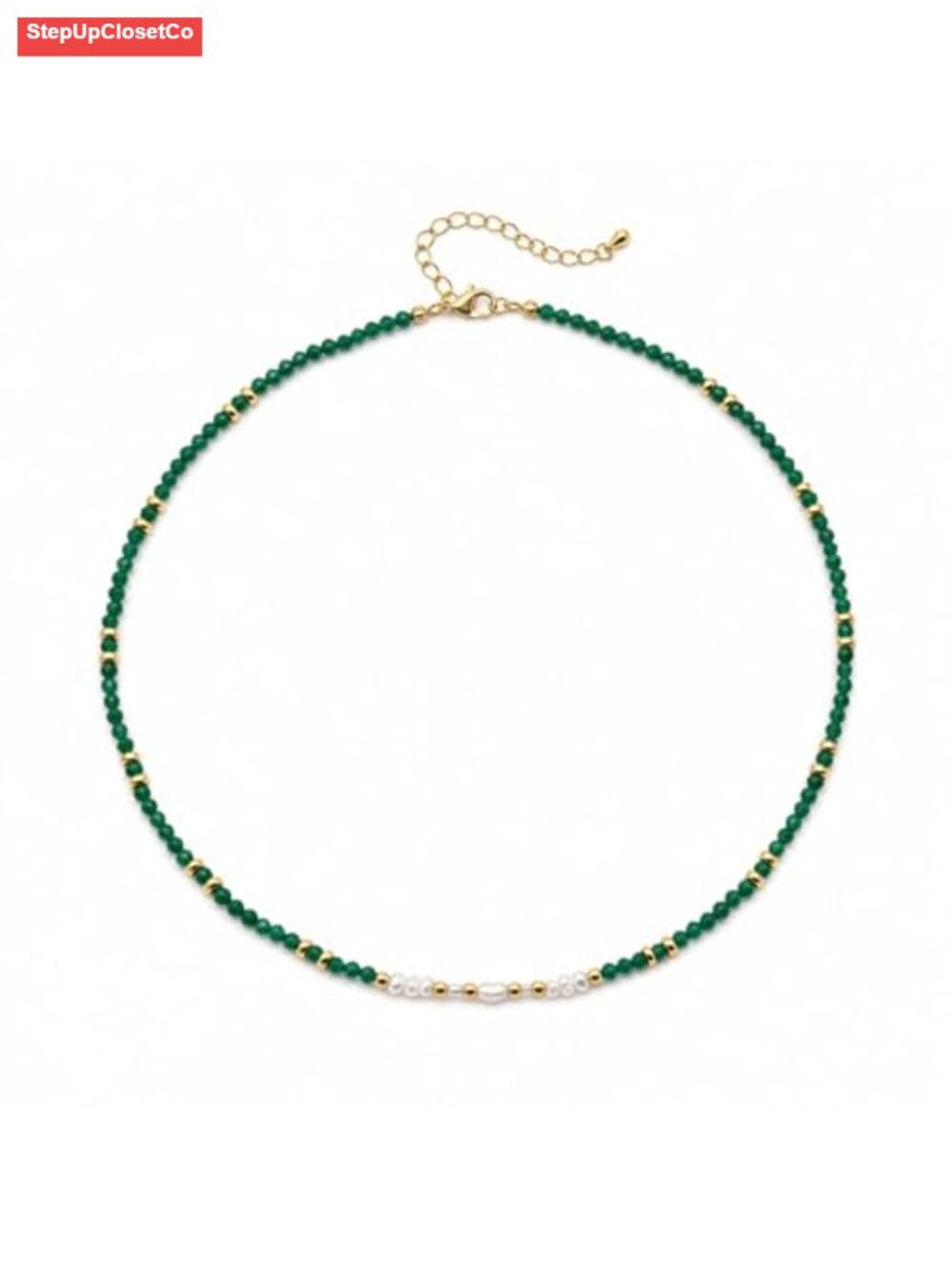 Green Gemstone Beaded Necklace, 18K Gold Plated Choker, Handmade Boho Pearl